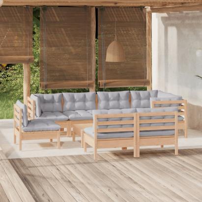 Set mobilier de grădină cu perne gri, 9 piese, lemn masiv pin GartenMobel Dekor