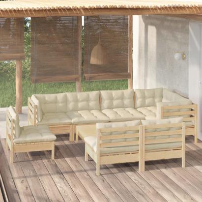 Set mobilier grădină cu perne crem, 9 piese, lemn masiv de pin GartenMobel Dekor