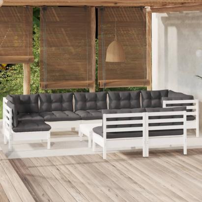 Set mobilier grădină cu perne, 10 piese, alb, lemn masiv pin GartenMobel Dekor