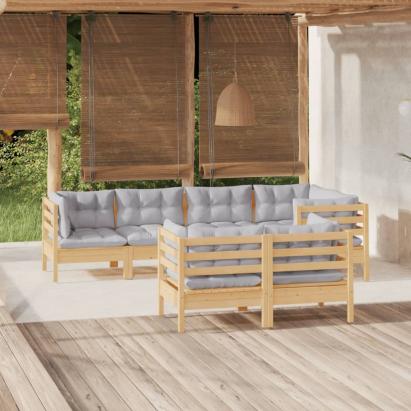 Set mobilier grădină cu perne gri, 7 piese, lemn masiv de pin GartenMobel Dekor