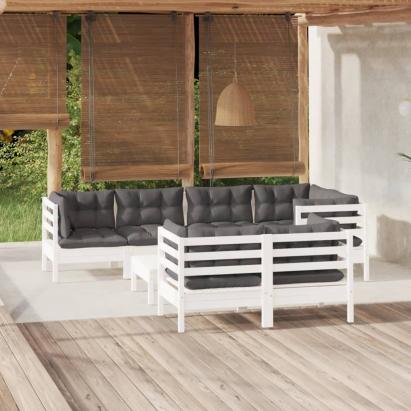 Set mobilier de grădină cu perne, 8 piese, alb, lemn masiv pin GartenMobel Dekor
