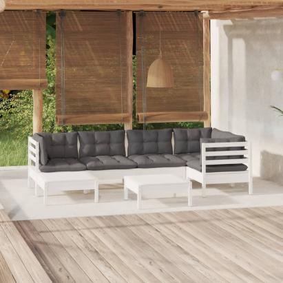 Set mobilier de grădină cu perne, 7 piese, alb, lemn masiv pin GartenMobel Dekor