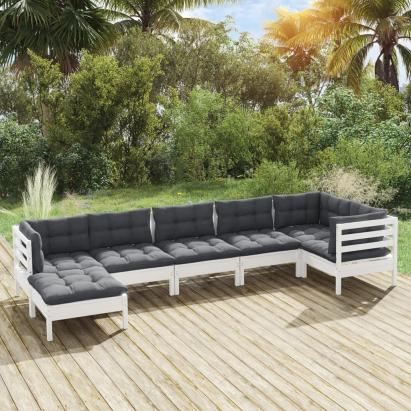 Set mobilier de grădină cu perne, 7 piese, alb, lemn masiv pin GartenMobel Dekor
