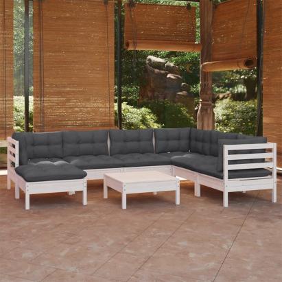 Set mobilier de grădină cu perne, 8 piese, alb, lemn masiv pin GartenMobel Dekor