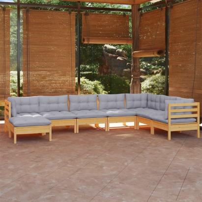 Set mobilier de grădină cu perne gri, 8 piese, lemn masiv pin GartenMobel Dekor