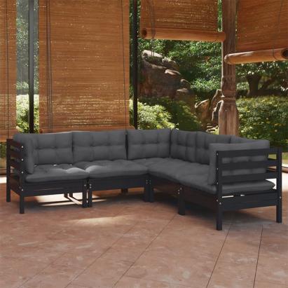 Set mobilier grădină cu perne, 5 piese, negru, lemn masiv pin GartenMobel Dekor