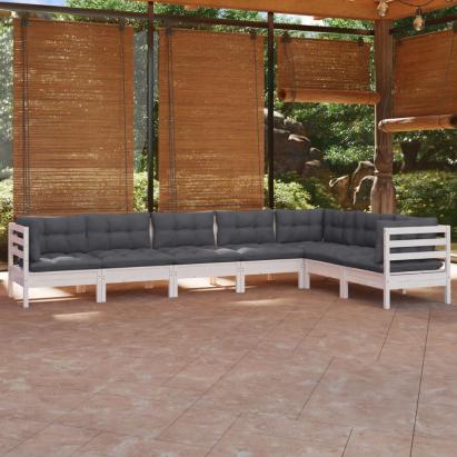 Set mobilier grădină cu perne, 7 piese, alb, lemn masiv de pin GartenMobel Dekor