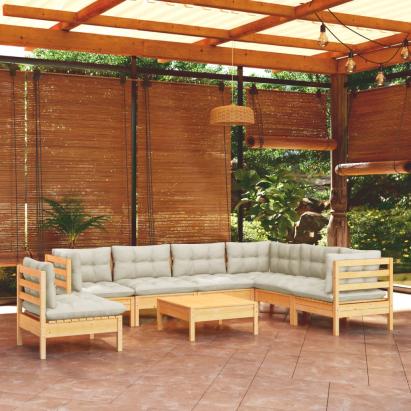 Set mobilier de grădină cu perne crem, 8 piese, lemn masiv pin GartenMobel Dekor