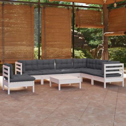 Set mobilier de grădină cu perne, 8 piese, alb, lemn masiv pin GartenMobel Dekor