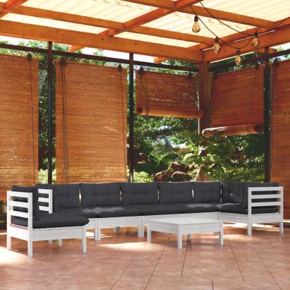 Set mobilier grădină cu perne, 9 piese, alb, lemn masiv pin GartenMobel Dekor