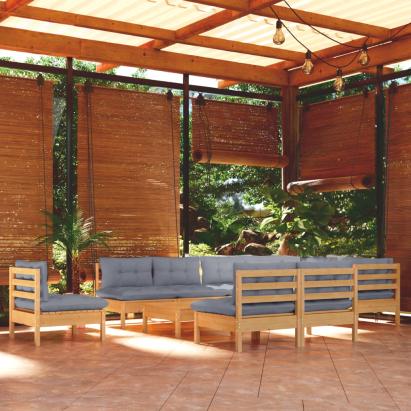 Set mobilier de grădină cu perne, 11 piese, gri, lemn masiv pin GartenMobel Dekor
