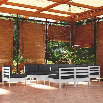 Set mobilier grădină cu perne, 11 piese, alb, lemn masiv pin GartenMobel Dekor