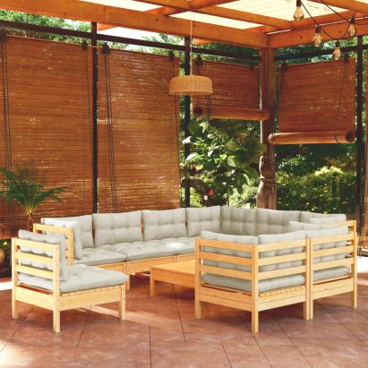 Set mobilier grădină cu perne crem, 10 piese, lemn masiv de pin GartenMobel Dekor