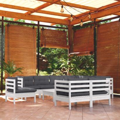 Set mobilier grădină cu perne, 10 piese, alb, lemn masiv pin GartenMobel Dekor