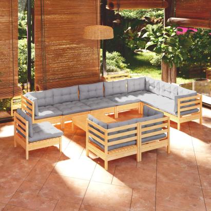 Set mobilier de grădină cu perne, 11 piese, gri, lemn masiv pin GartenMobel Dekor
