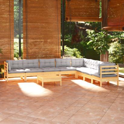 Set mobilier de grădină cu perne gri, 9 piese, lemn masiv pin GartenMobel Dekor