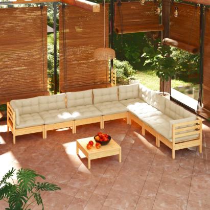 Set mobilier grădină cu perne crem, 9 piese, lemn masiv de pin GartenMobel Dekor