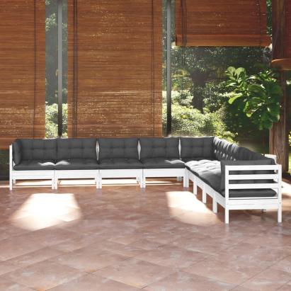 Set mobilier de grădină cu perne, 9 piese, alb, lemn masiv pin GartenMobel Dekor