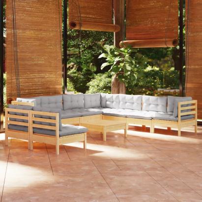 Set mobilier grădină cu perne, 10 piese, gri, lemn masiv pin GartenMobel Dekor
