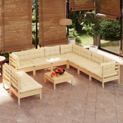 Set mobilier grădină cu perne crem, 10 piese, lemn masiv de pin GartenMobel Dekor
