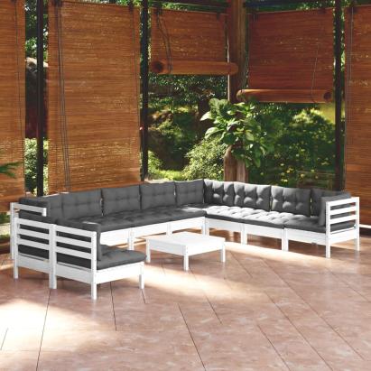 Set mobilier grădină cu perne, 11 piese, alb, lemn masiv pin GartenMobel Dekor