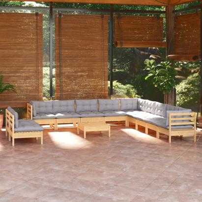 Set mobilier de grădină cu perne, 12 piese, gri, lemn masiv pin GartenMobel Dekor