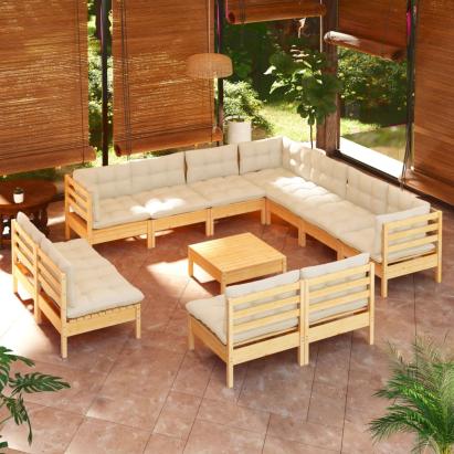 Set mobilier grădină cu perne crem, 12 piese, lemn masiv de pin GartenMobel Dekor