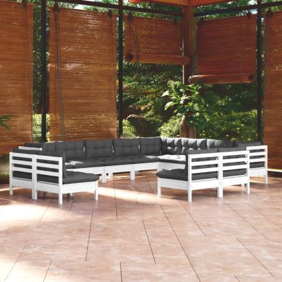 Set mobilier grădină cu perne, 12 piese, alb, lemn masiv pin GartenMobel Dekor