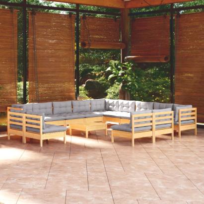 Set mobilier grădină cu perne, 14 piese, gri, lemn masiv pin GartenMobel Dekor
