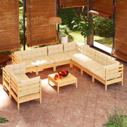 Set mobilier grădină cu perne crem, 10 piese, lemn masiv de pin GartenMobel Dekor