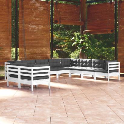 Set mobilier grădină cu perne, 10 piese, alb, lemn masiv de pin GartenMobel Dekor
