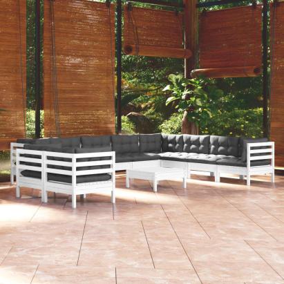 Set mobilier grădină cu perne, 11 piese, alb, lemn masiv pin GartenMobel Dekor