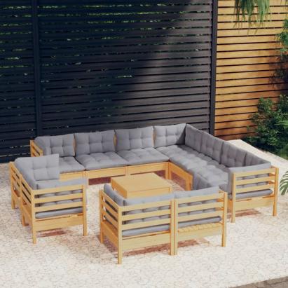 Set mobilier grădină cu perne, 12 piese, gri, lemn masiv pin GartenMobel Dekor
