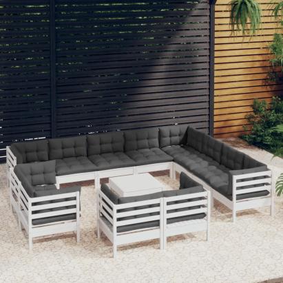 Set mobilier grădină cu perne, 13 piese, alb, lemn masiv pin GartenMobel Dekor