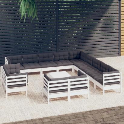 Set mobilier grădină cu perne, 14 piese, alb, lemn masiv pin GartenMobel Dekor