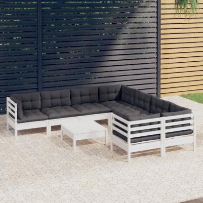 Set mobilier de grădină cu perne, 9 piese, alb, lemn de pin GartenMobel Dekor