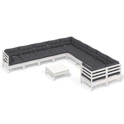 Set de șezlonguri de grădină cu perne 11 piese alb lemn de pin GartenMobel Dekor