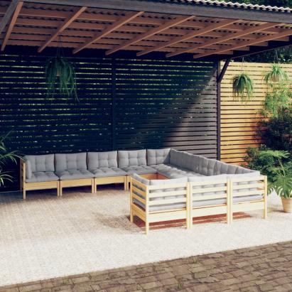 Set mobilier grădină cu perne gri, 11 piese, lemn de pin GartenMobel Dekor