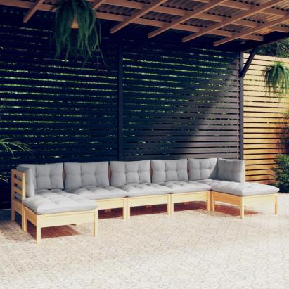 Set mobilier grădină cu perne gri, 7 piese, lemn masiv de pin GartenMobel Dekor