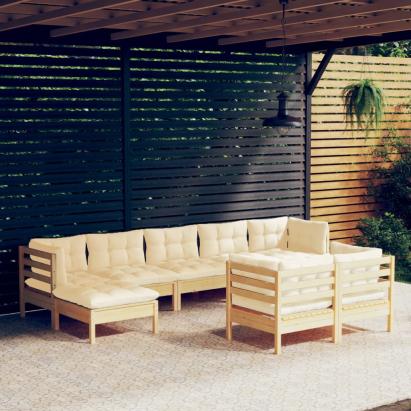 Set mobilier grădină cu perne crem, 9 piese, lemn masiv de pin GartenMobel Dekor