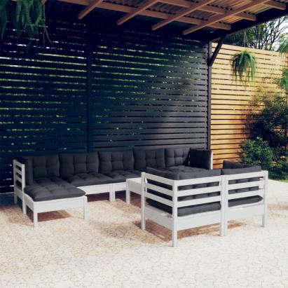 Set mobilier grădină cu perne, 10 piese, alb, lemn masiv pin GartenMobel Dekor