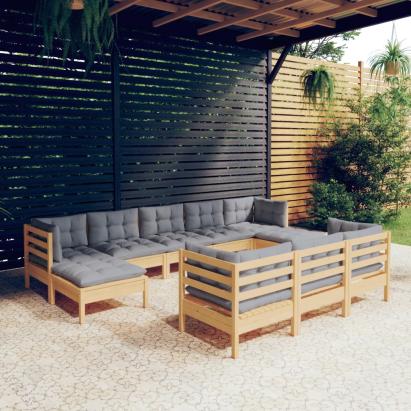 Set mobilier grădină cu perne, 10 piese, gri, lemn masiv pin GartenMobel Dekor