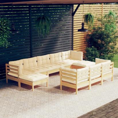 Set mobilier grădină cu perne crem, 10 piese, lemn masiv de pin GartenMobel Dekor