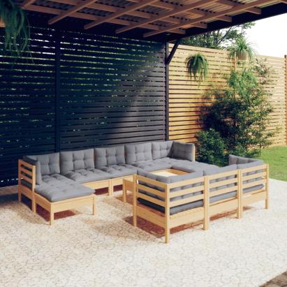 Set mobilier grădină cu perne, 11 piese, gri, lemn masiv pin GartenMobel Dekor