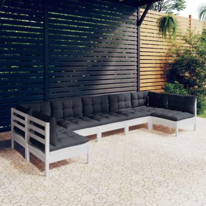 Set mobilier grădină cu perne, 7 piese, alb, lemn masiv de pin GartenMobel Dekor