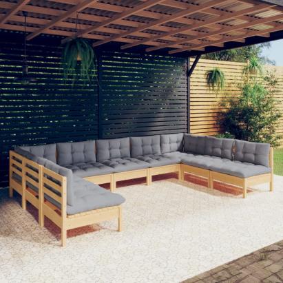 Set mobilier de grădină cu perne gri, 9 piese, lemn masiv pin GartenMobel Dekor