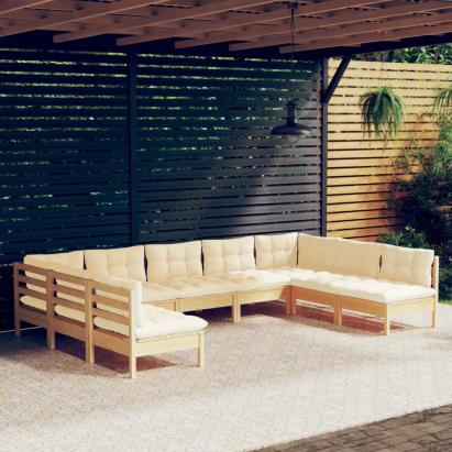 Set mobilier grădină cu perne crem, 9 piese, lemn masiv de pin GartenMobel Dekor
