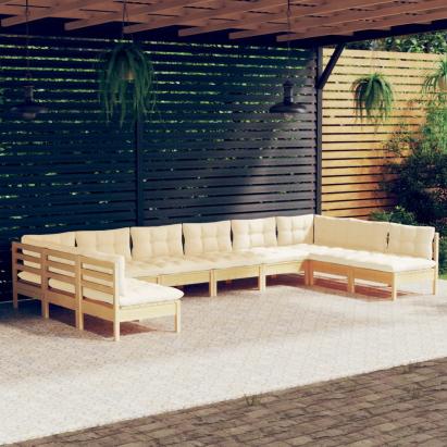 Set mobilier grădină cu perne crem, 10 piese, lemn masiv de pin GartenMobel Dekor