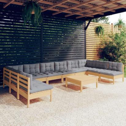 Set mobilier grădină cu perne, 11 piese, gri, lemn masiv pin GartenMobel Dekor