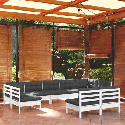 Set mobilier grădină cu perne, 9 piese, alb, lemn masiv pin GartenMobel Dekor